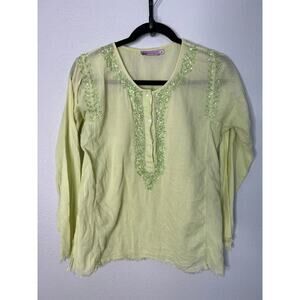 Calypso Christiane Celle Top Lime Green Button Up Embroidered Long Sleeve Sz S